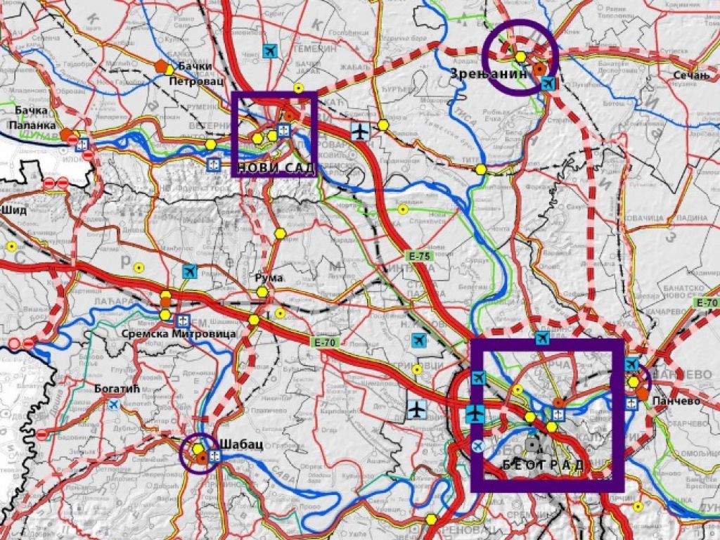 Mapa iz Nacrta Prostornog plana sa ucrtanim lokacijama dva nova aerodroma