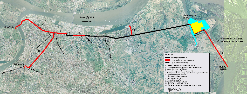 Area covered by the project of collection and treatment of waste waters of the central sewer system of the City of Belgrade: black – undeveloped sections, red – newly designed sections