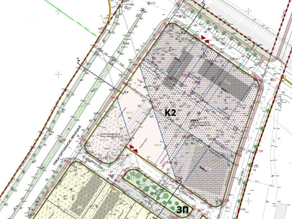 K2 unit surrounded by new streets – construction zone of tall facilities shaded