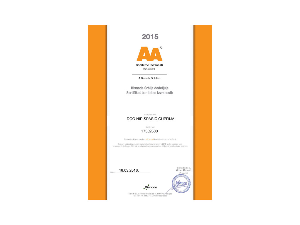 "NIP Spasić" treću godinu zaredom sertifikovan za odlično poslovanje - U 2015. godini ocena boniteta AA
