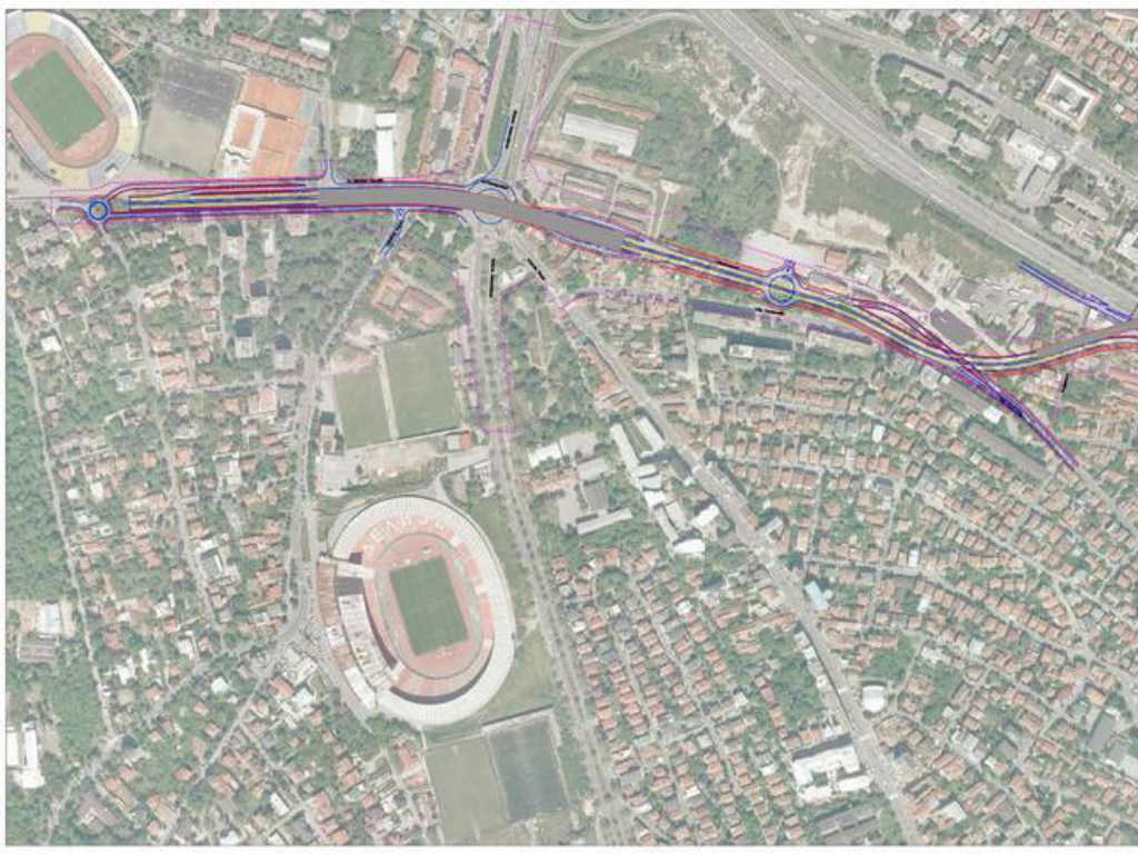 Prvobitno planirana trasa UMP-a na stubovima preko Autokomande, sa ulaznim portalom u tunel kod Partizanovog stadiona