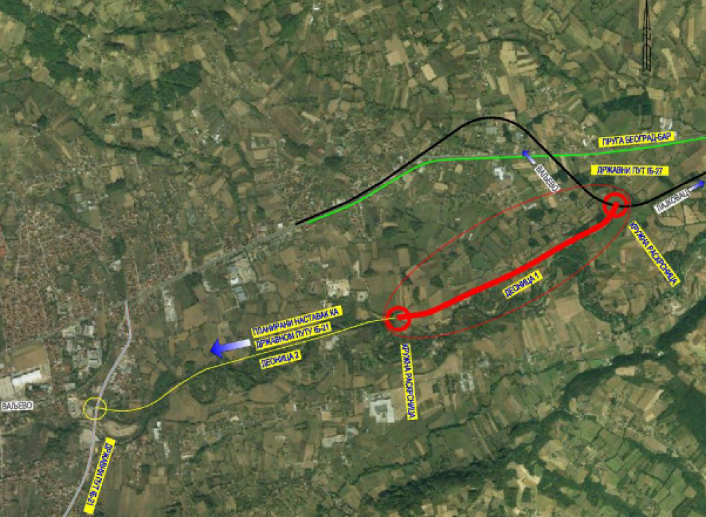 The route of the first section of the South Ring Road around Valjevo