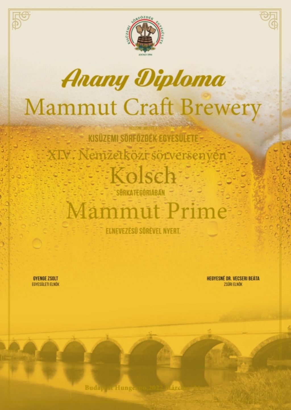 Plaketa - Zlatna medalja za pivo Mammut Prime