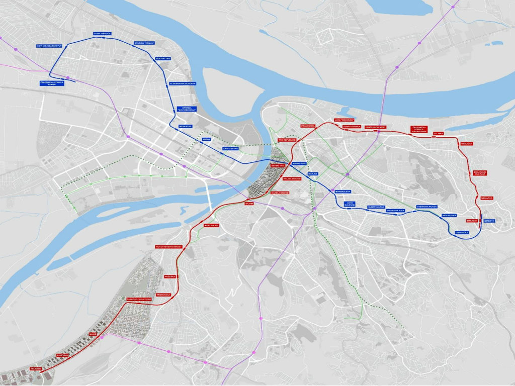 Usvojene trase Linije 1 - crveno i Linije 2 - plavo, i moguća trasa Linije 3 - zeleno tačkasto