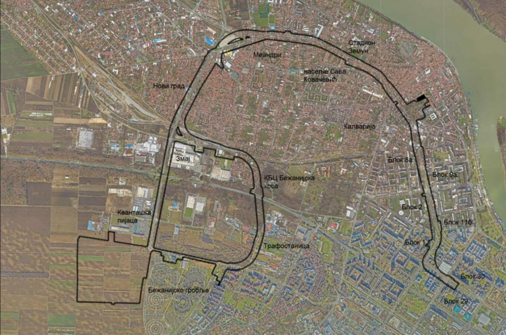 The area covered by the plan with the new and the previously proposed route