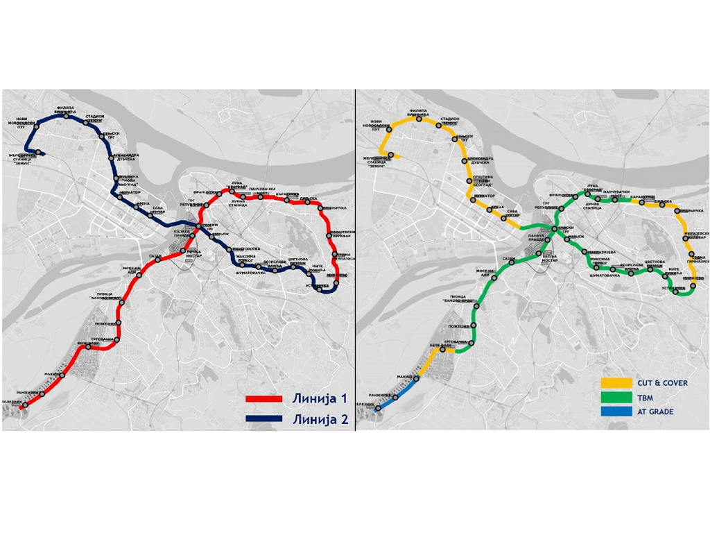 Trase planirane linije 1 i linije 2 Beogradskog metroa prema Prethodnoj studiji opravdanosti