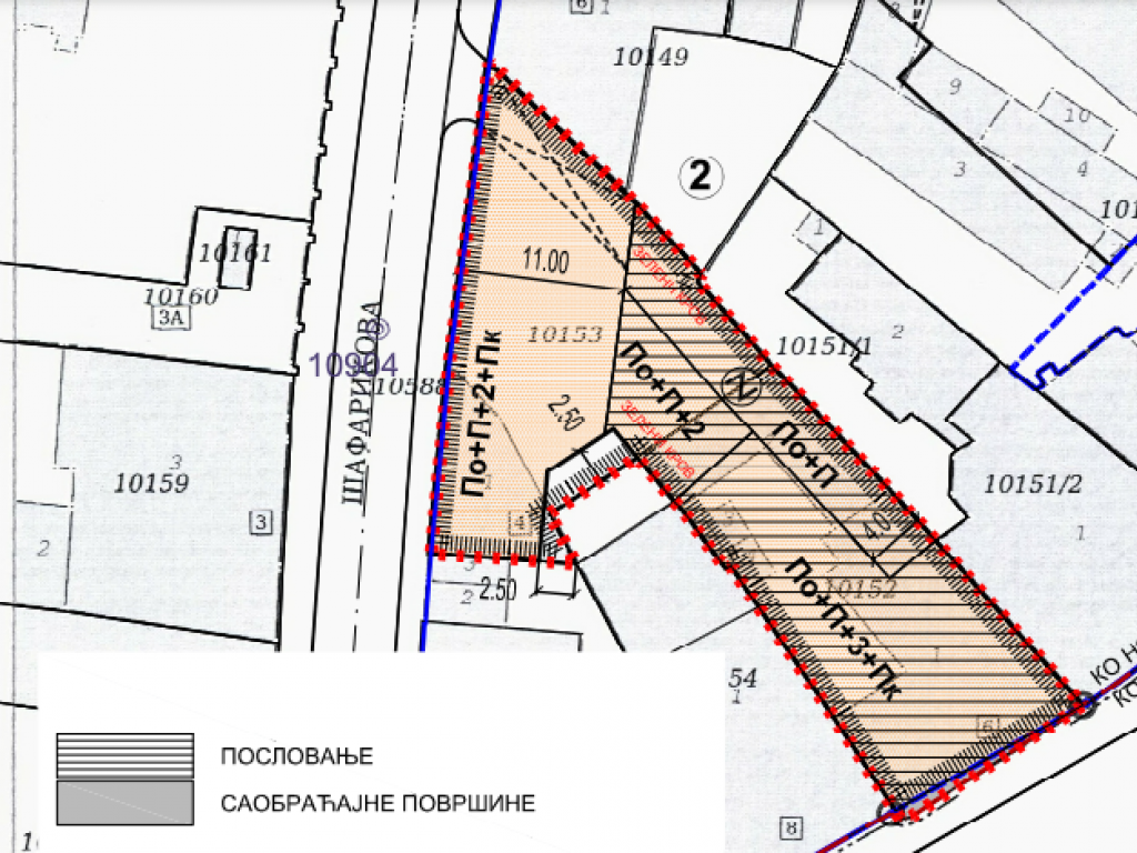 Crvenim označena zona izgradnje planiranih objekata, oivičeno podzemnom garažom