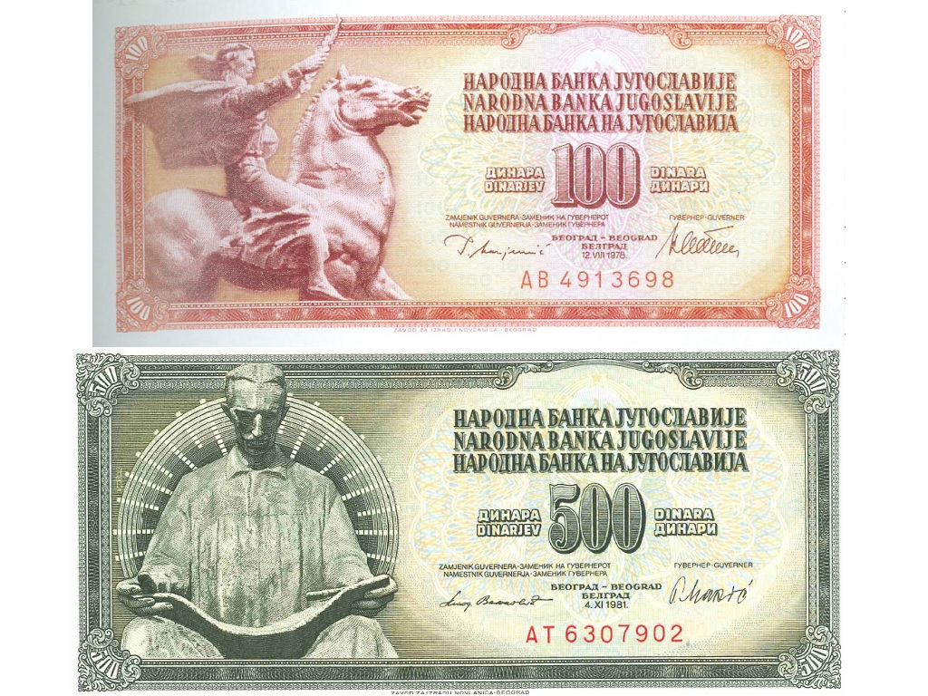 Geldscheine von 100 und 500 Dinar, bekannter in den Achtzierjahren als 10.000 und 50.000 Dinar