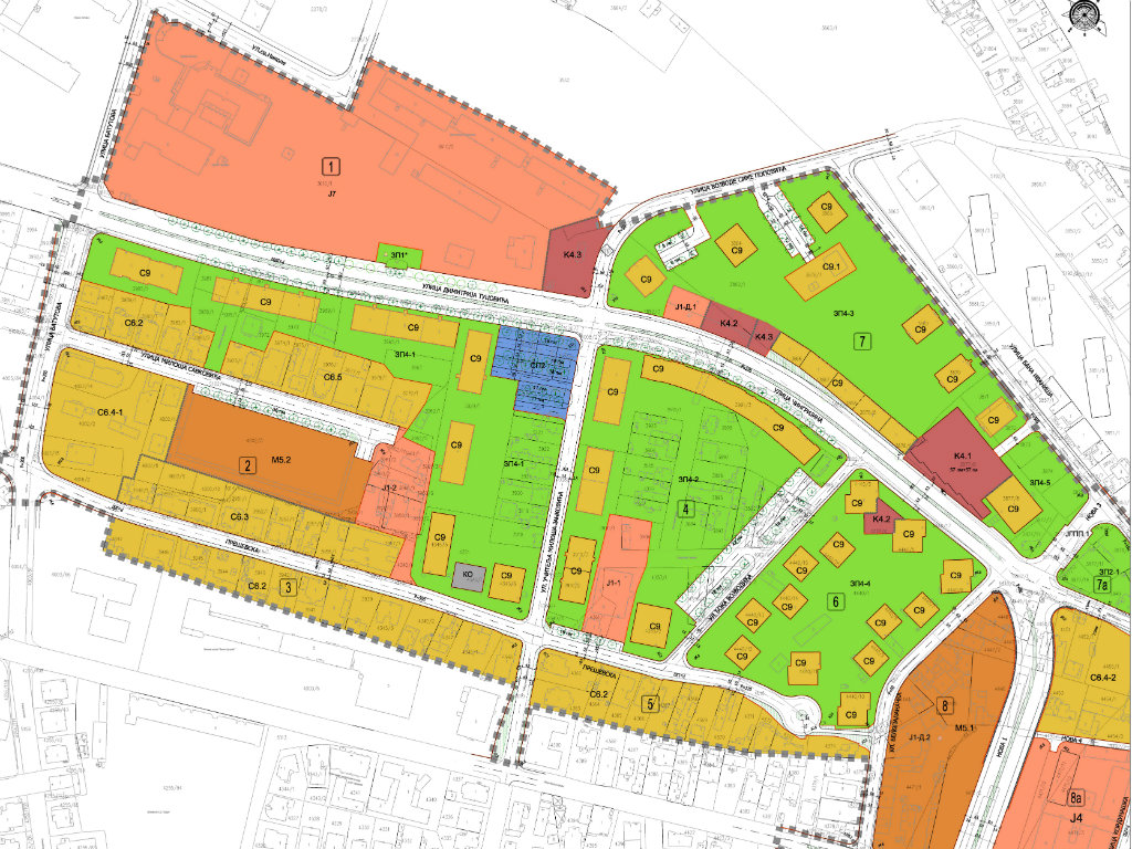 Žuta boja planirana je za stanovanje, a narandžasta za mešovite gradske centre